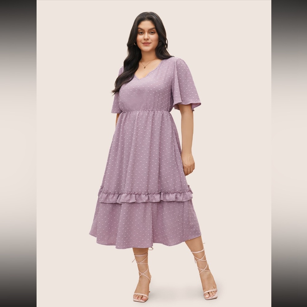 BloomChic Mauve Polka Dot V Neck Pocket Ruffle Midi Dress Plus Size 1X